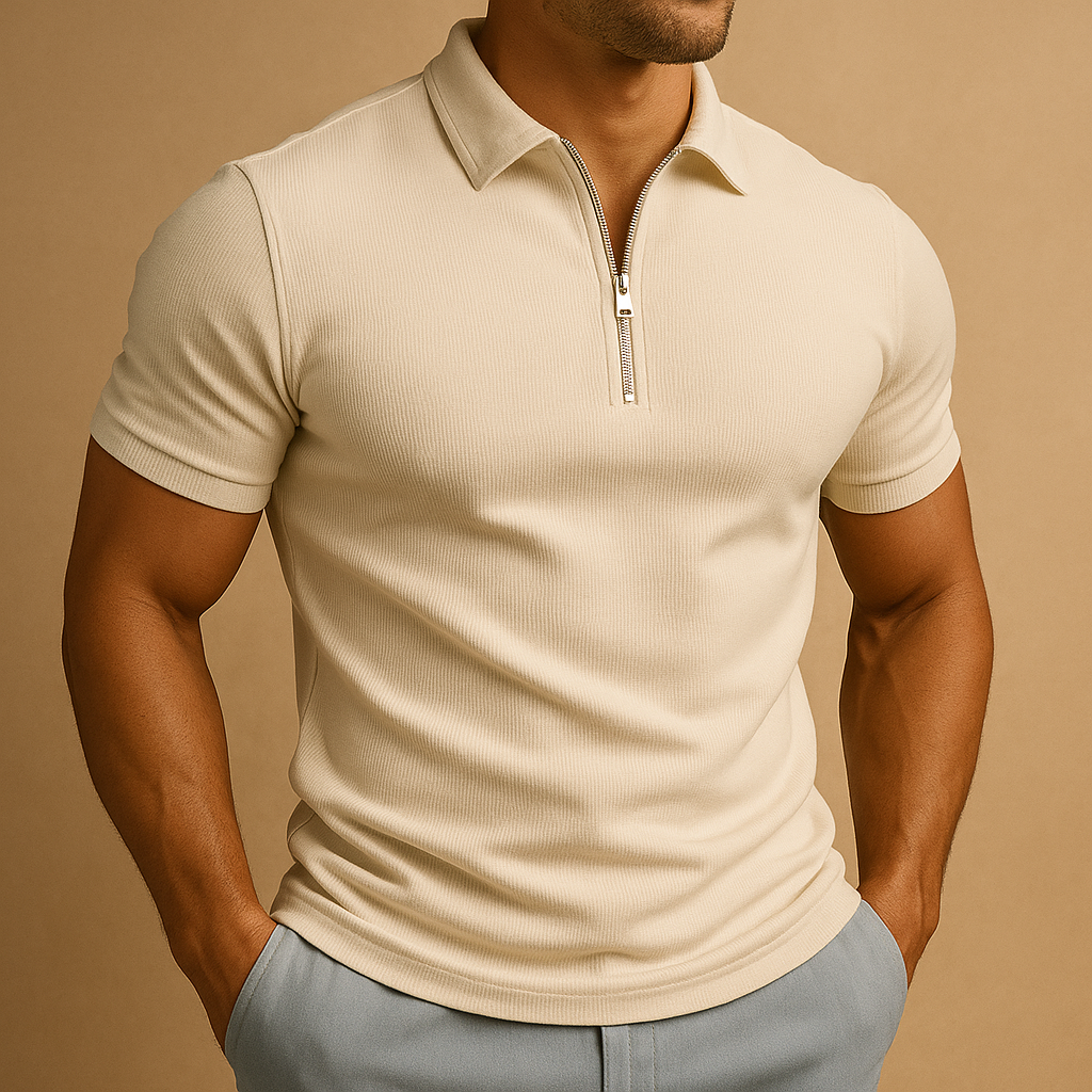 Men’s slim fit polo shirt with zipper neckline, modern cut, and breathable stain- and odor-resistant fabric. Perfect for work, leisure, and casual wear.