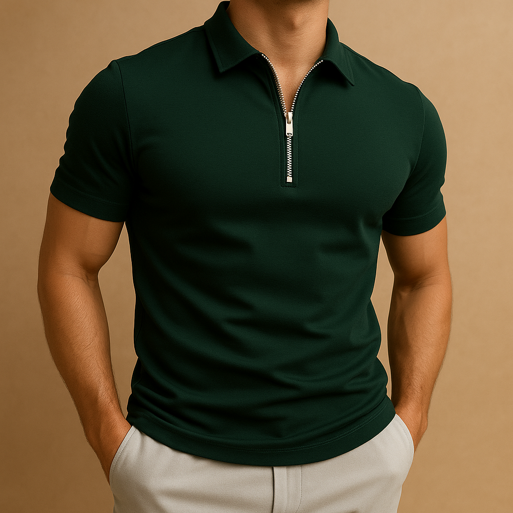 Men’s slim fit polo shirt with zipper neckline, modern cut, and breathable stain- and odor-resistant fabric. Perfect for work, leisure, and casual wear.