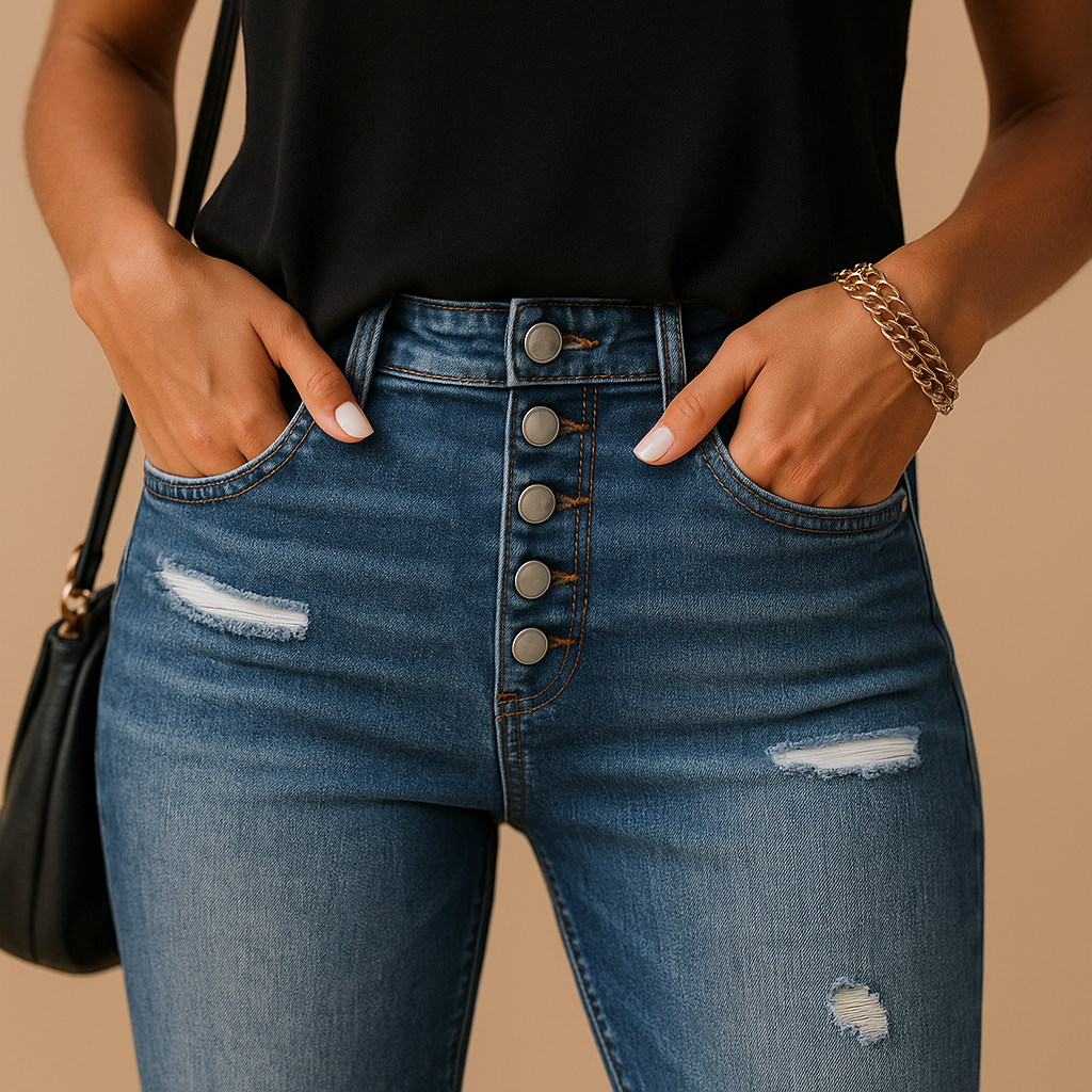 Slim-fit ripped jeans for women with distressed details and a flattering stretchy fit, ideal for casual outfits and evening looks.