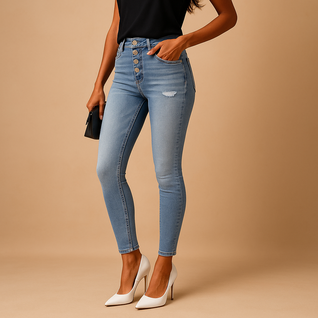 Slim-fit ripped jeans for women with distressed details and a flattering stretchy fit, ideal for casual outfits and evening looks.