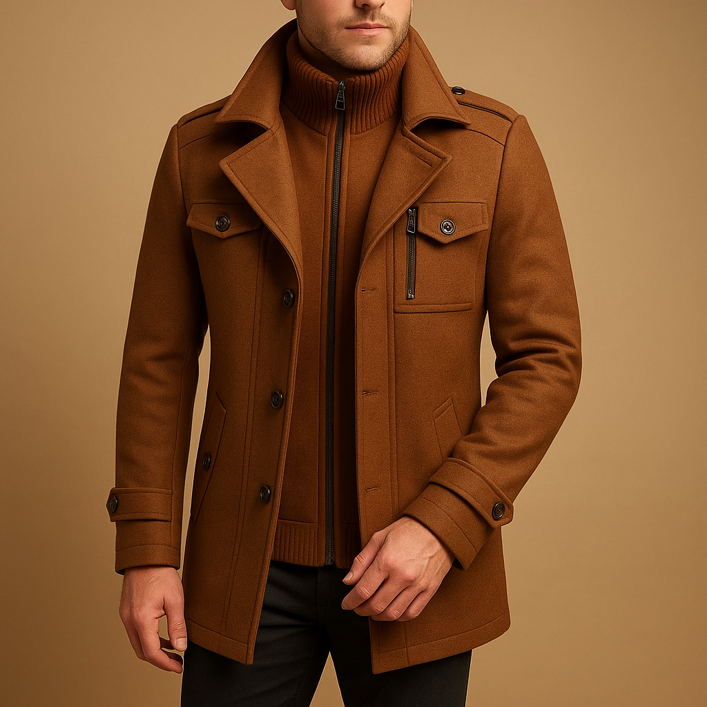 Men’s slim fit winter coat with two-piece tailored design, high-quality fabrics, streamlined closure, and pockets. Perfect for formal or casual wear.