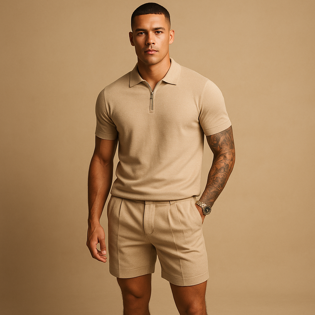 Men’s streetwear set with matching top and shorts, breathable and casual, available in black, grey, and beige, perfect for leisure and urban style.