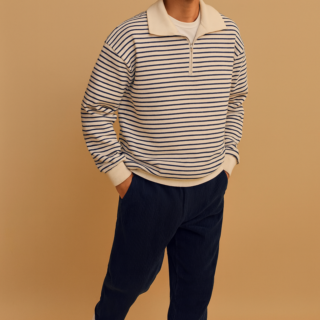 Striped half-zip pullover for men in white with black stripes, soft fabric and sporty design, perfect for casual and everyday wear.