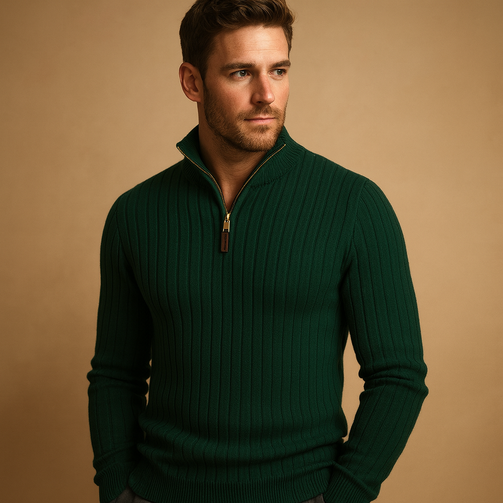 Striped half-zip sweater for men in grey with soft, comfortable fabric, perfect for autumn and winter casual or semi-formal outfits.