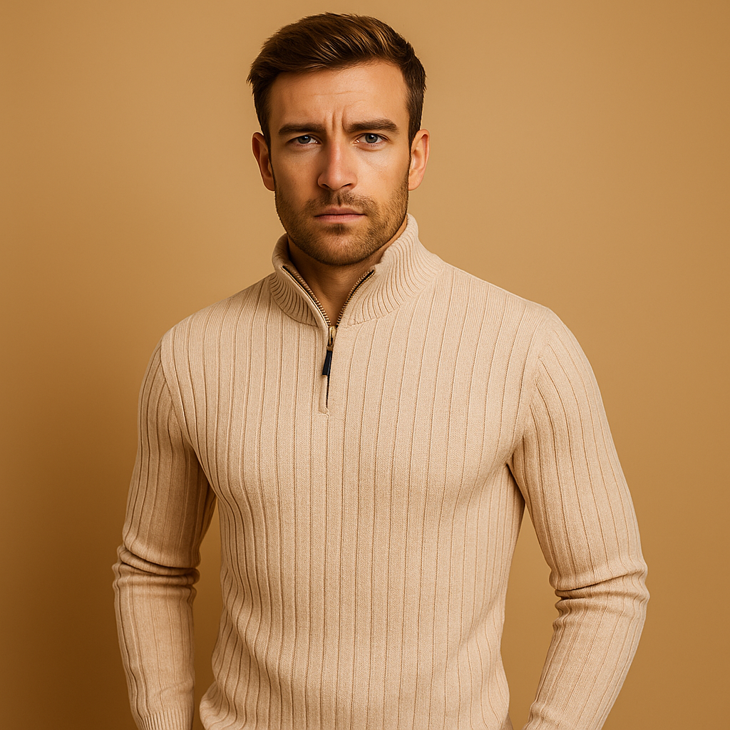 Striped half-zip sweater for men in grey with soft, comfortable fabric, perfect for autumn and winter casual or semi-formal outfits.