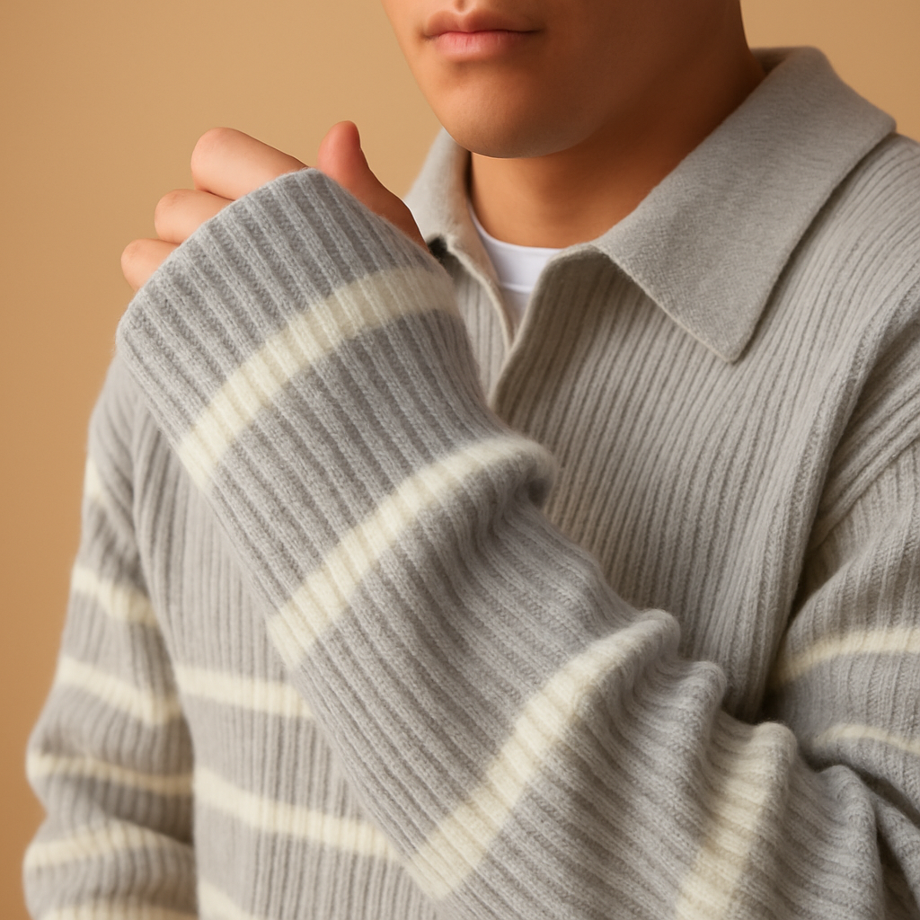 Striped half-zip sweater for men in grey with soft, comfortable fabric, perfect for autumn and winter casual or semi-formal outfits.