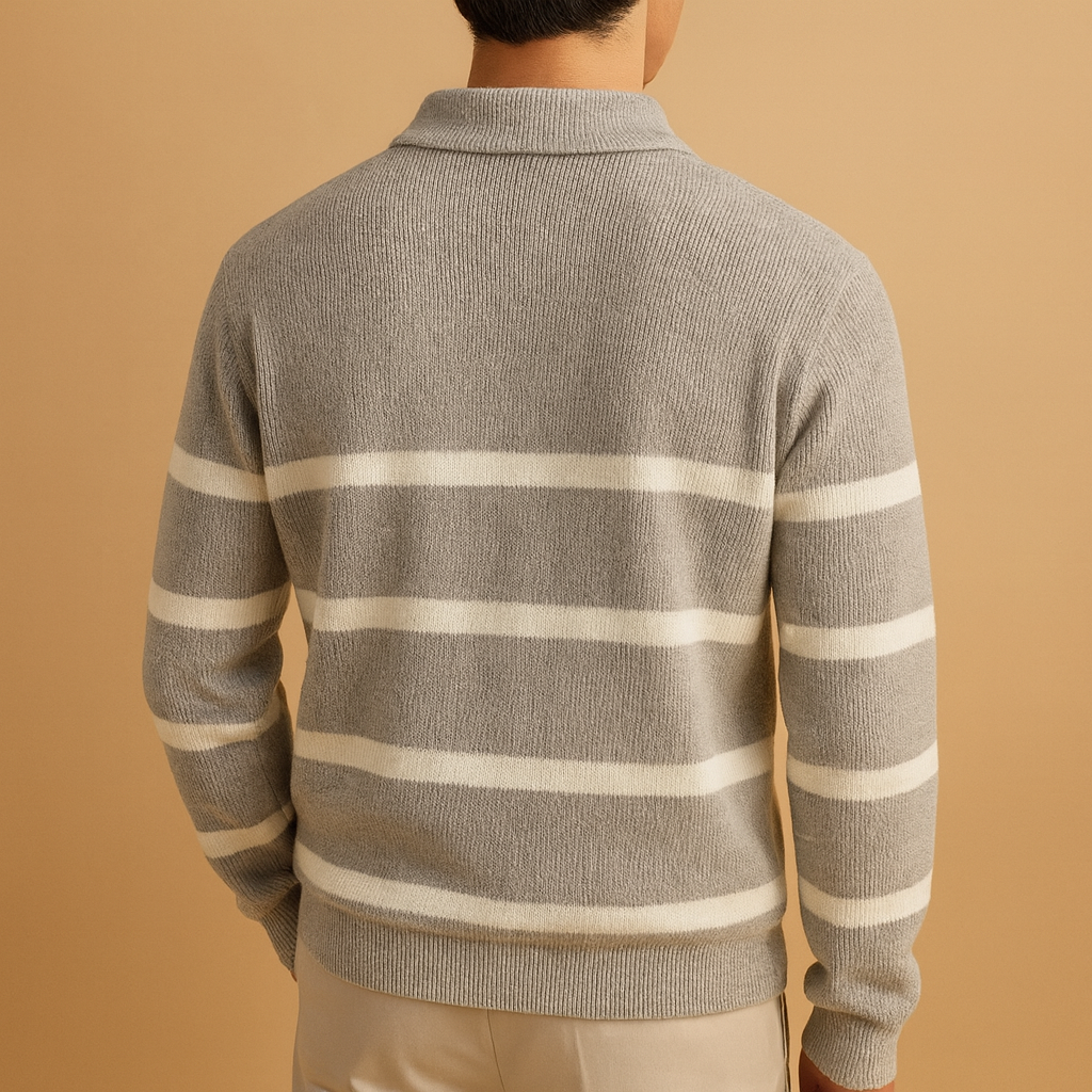 Striped half-zip sweater for men in grey with soft, comfortable fabric, perfect for autumn and winter casual or semi-formal outfits.