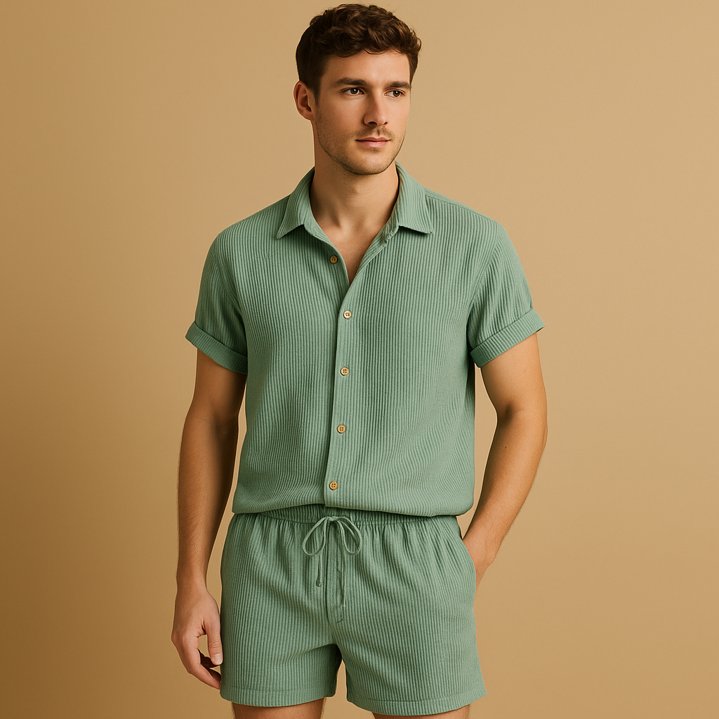 Men’s striped summer set with short-sleeved shirt and matching shorts, multicolour tones, perfect for holidays, beach walks, and casual summer wear.