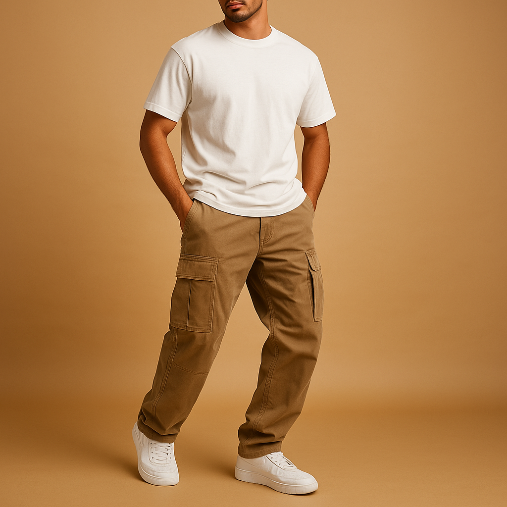 Men’s stylish cargo pants with regular fit and multiple cargo pockets, made from durable cotton blend for work and casual wear.