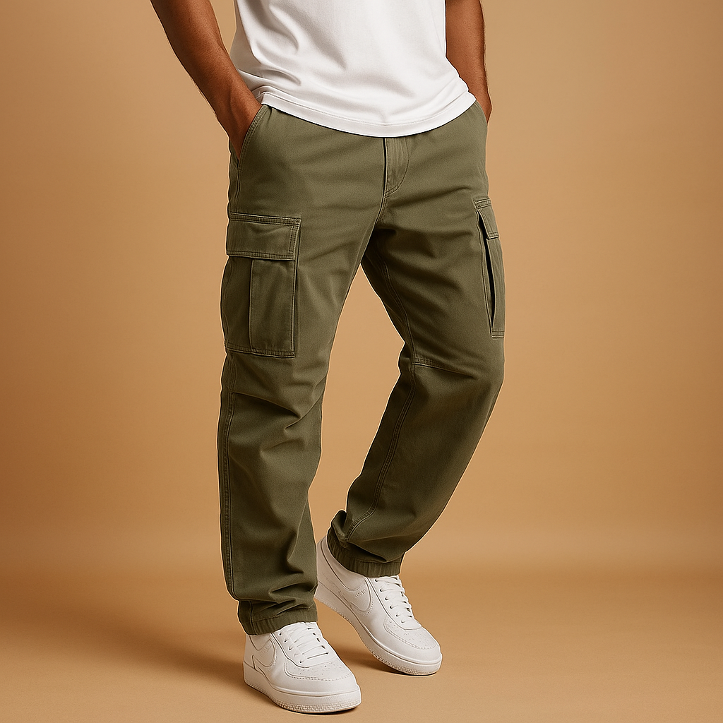 Men’s stylish cargo pants with regular fit and multiple cargo pockets, made from durable cotton blend for work and casual wear.