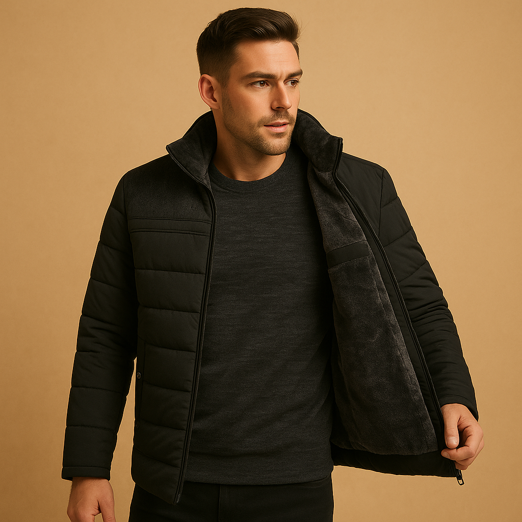 Men’s stylish fleece jacket with soft lining, high collar, and zip pockets, perfect for daily wear and outdoor activities.