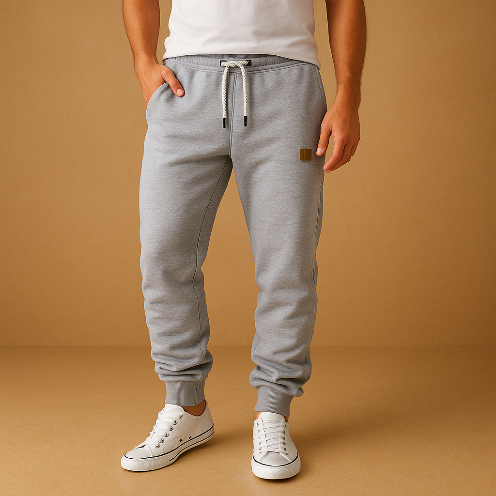 Men’s stylish jogger pants Lucas in navy, grey, green, dark grey, or black. Soft cotton blend with adjustable waistband and side pockets.