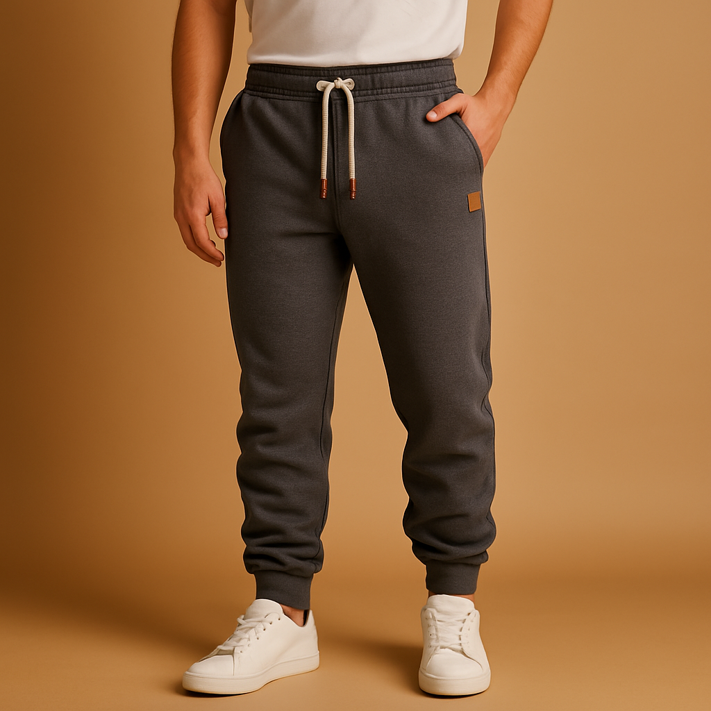 Men’s stylish jogger pants Lucas in navy, grey, green, dark grey, or black. Soft cotton blend with adjustable waistband and side pockets.