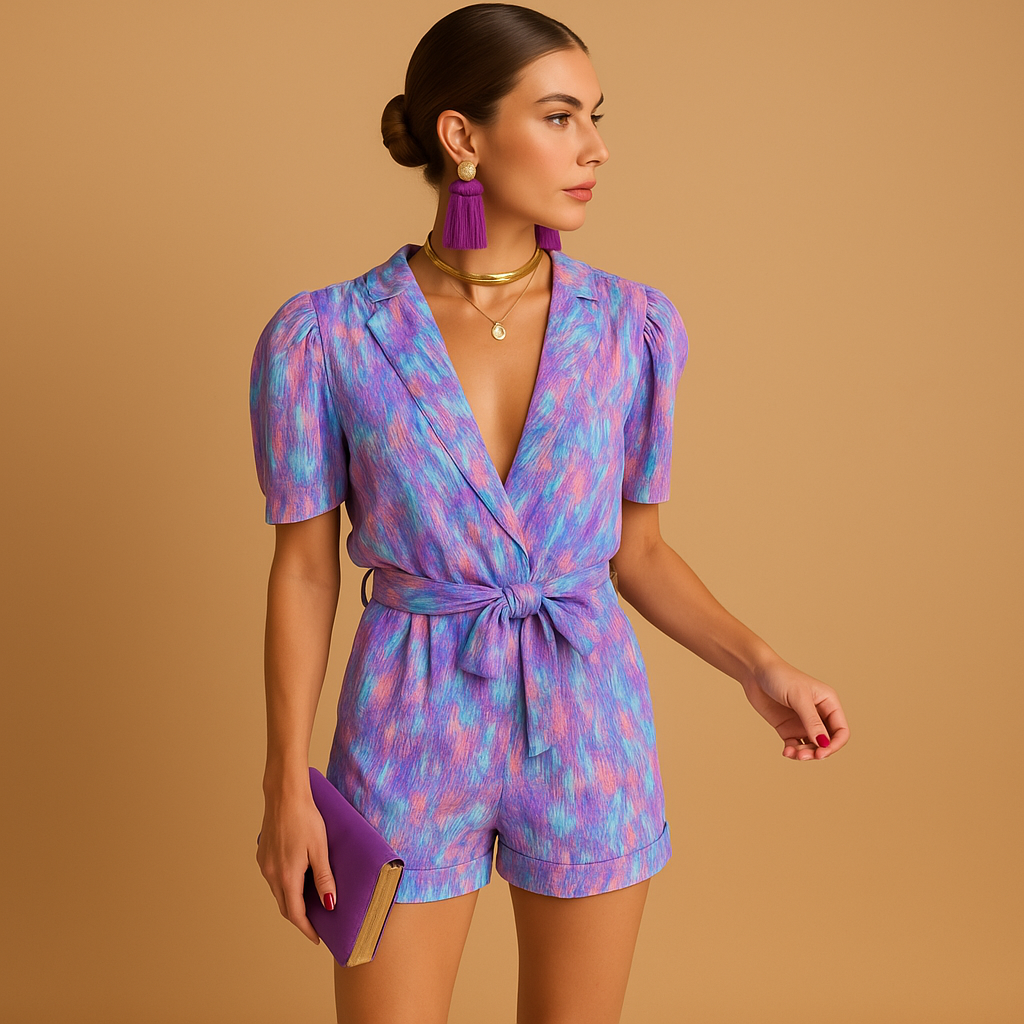 Women’s short printed jumpsuit with waist belt in vibrant colours, perfect for warm days, summer holidays, and evenings out.