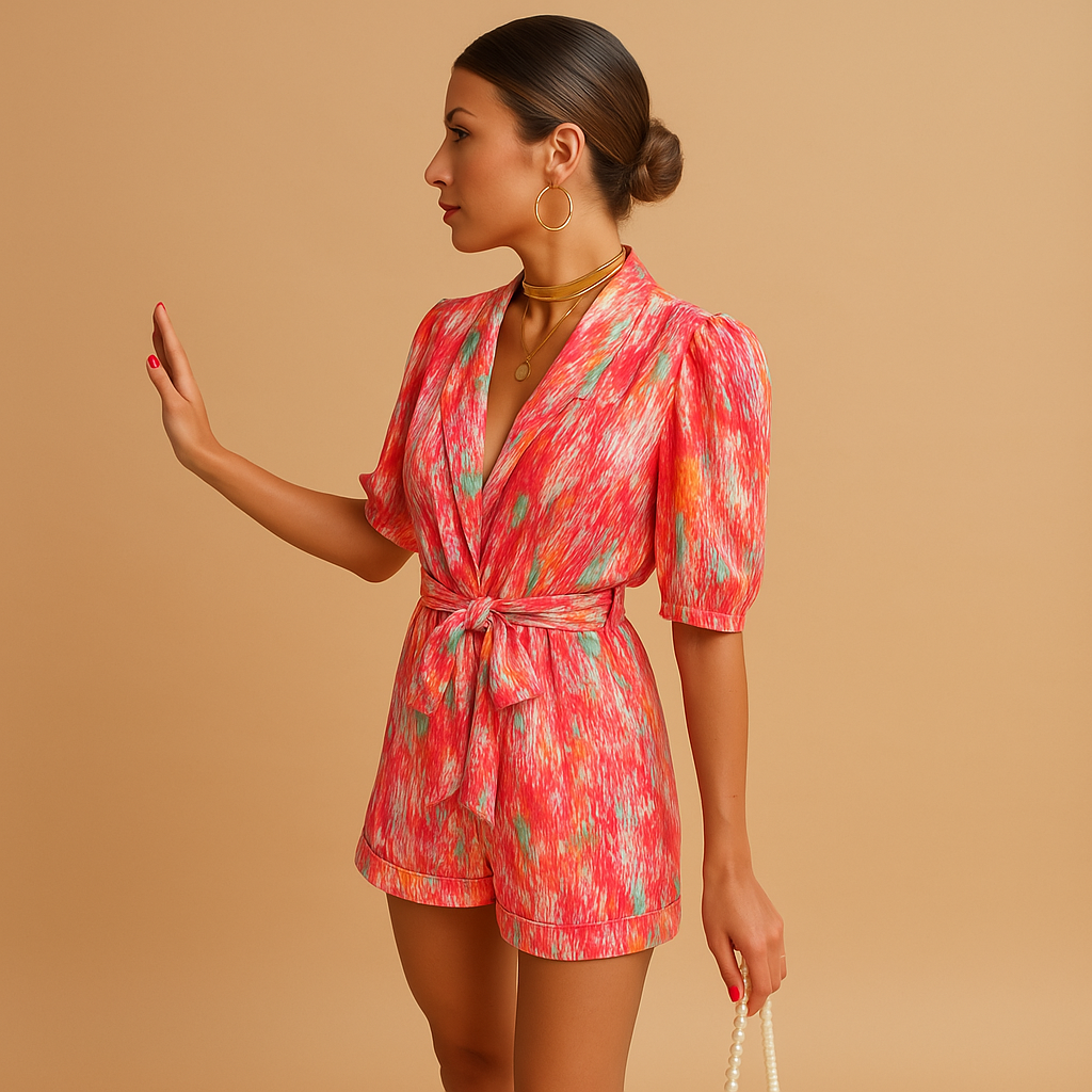 Women’s short printed jumpsuit with waist belt in vibrant colours, perfect for warm days, summer holidays, and evenings out.