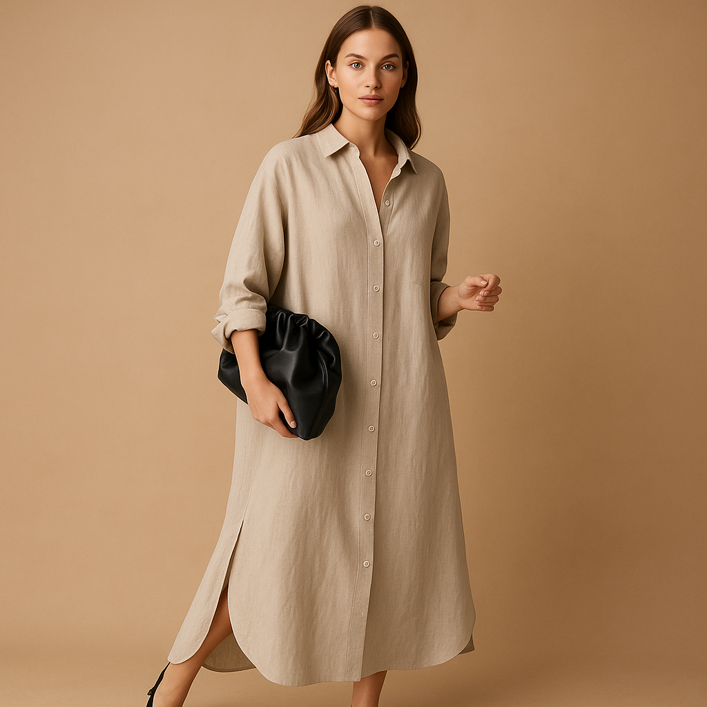 Women’s stylish shirt dress made from breathable hemp blend with button-down design, perfect for spring and summer occasions.