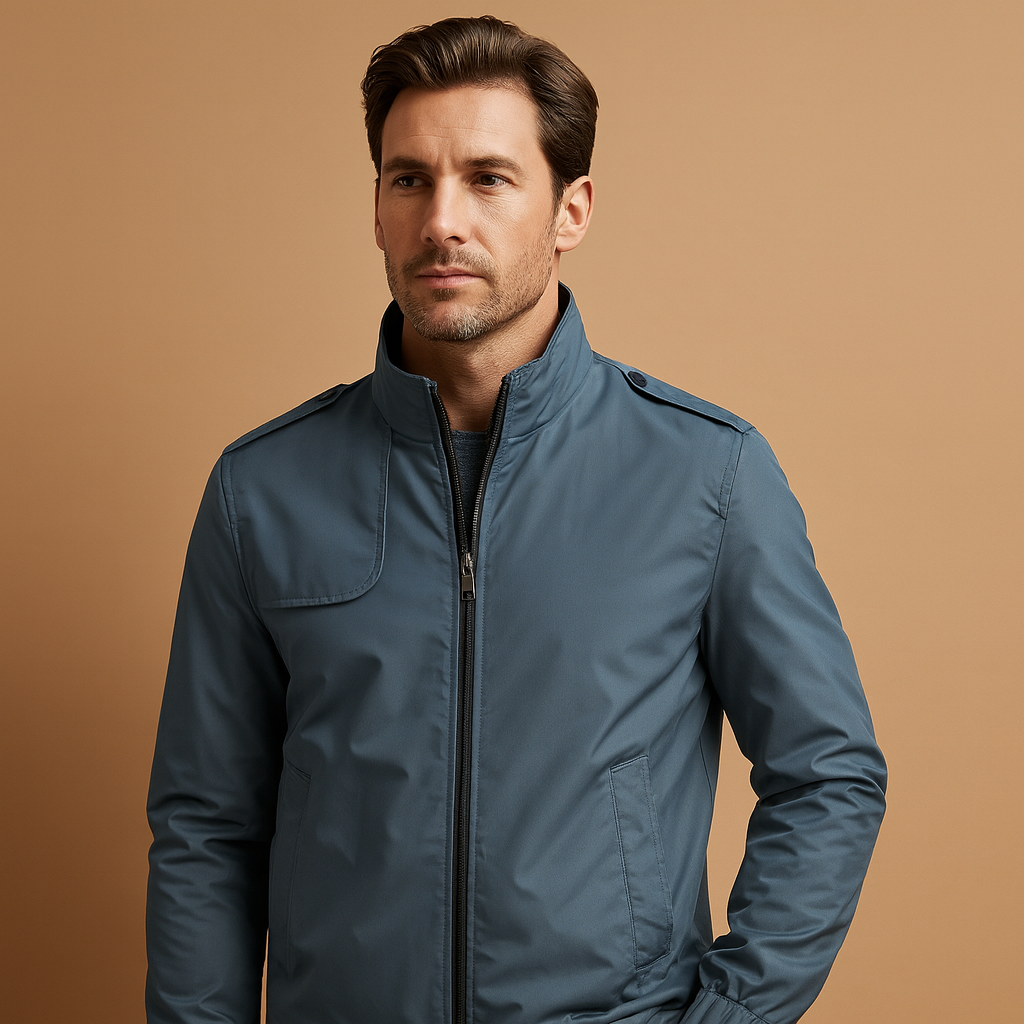 Men’s stylish summer jacket with stand-up collar and practical pockets, lightweight and versatile for casual or formal wear.