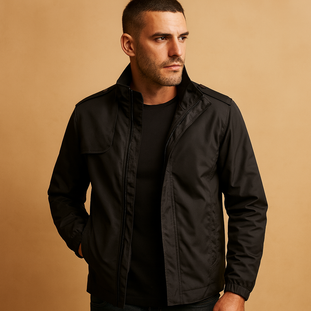 Men’s stylish summer jacket with stand-up collar and practical pockets, lightweight and versatile for casual or formal wear.