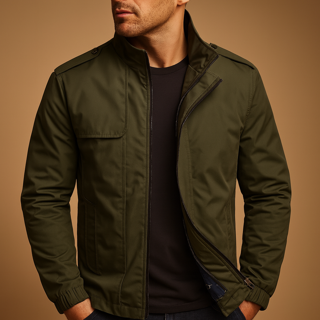 Men’s stylish summer jacket with stand-up collar and practical pockets, lightweight and versatile for casual or formal wear.