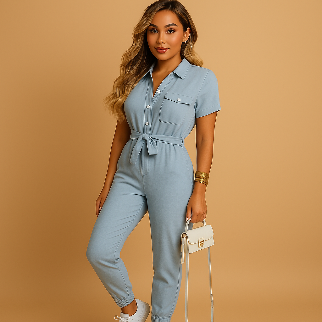 Women’s tailored jumpsuit with button detailing and flattering fit, perfect for work, brunch, and evening occasions.