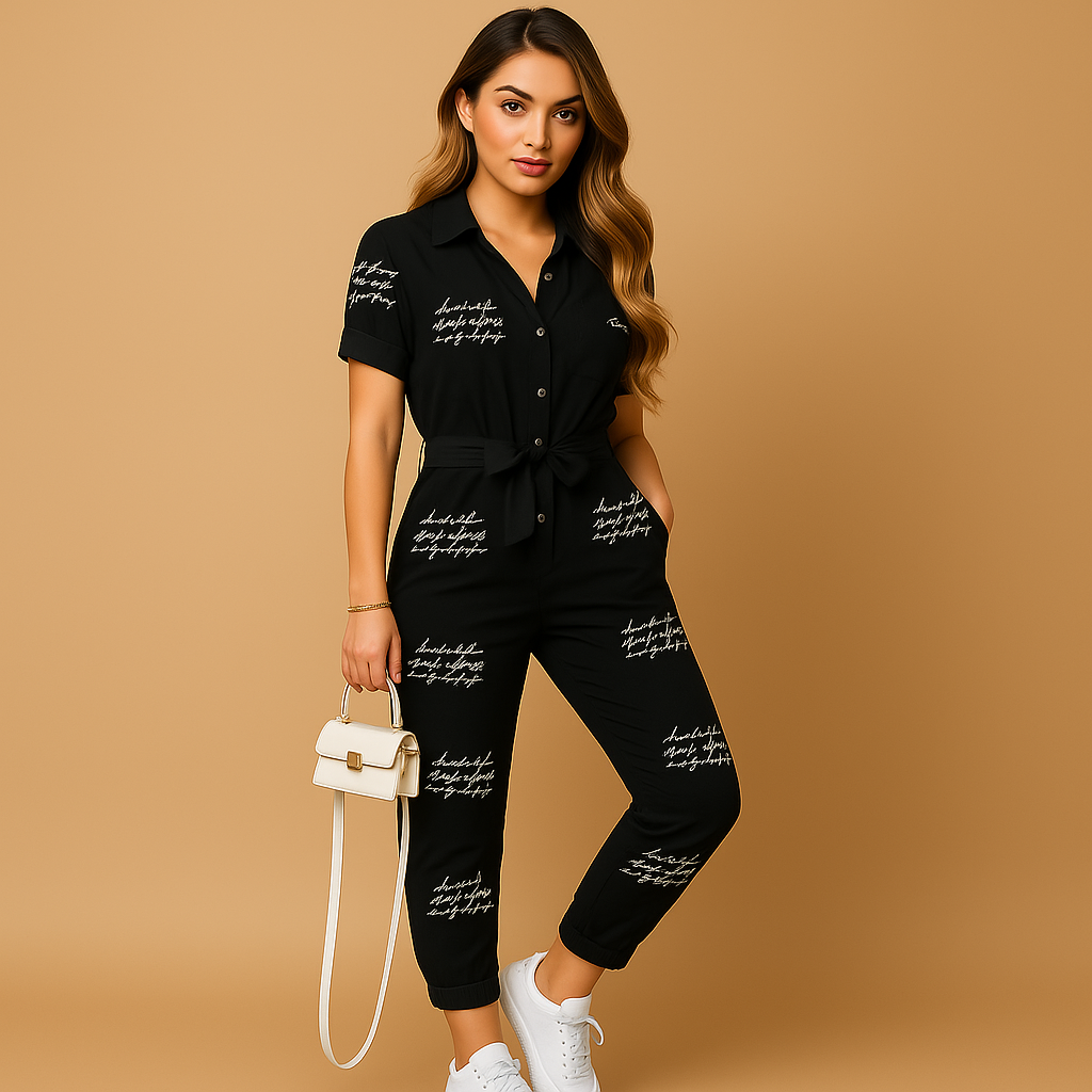Women’s tailored jumpsuit with button detailing and flattering fit, perfect for work, brunch, and evening occasions.