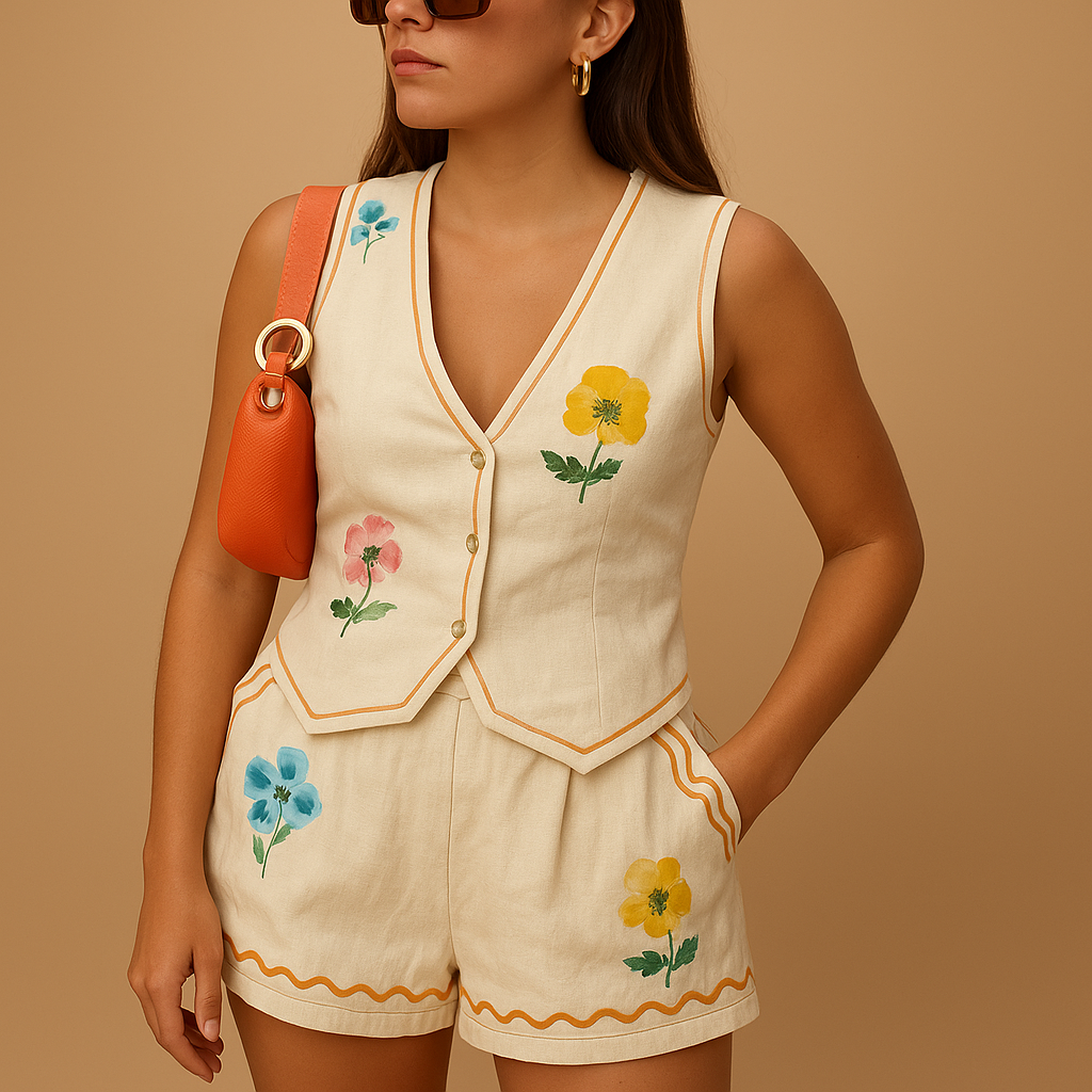 Women’s summer loungewear set with collared shirt and printed shorts, ideal for vacations, lounging, or casual outings.