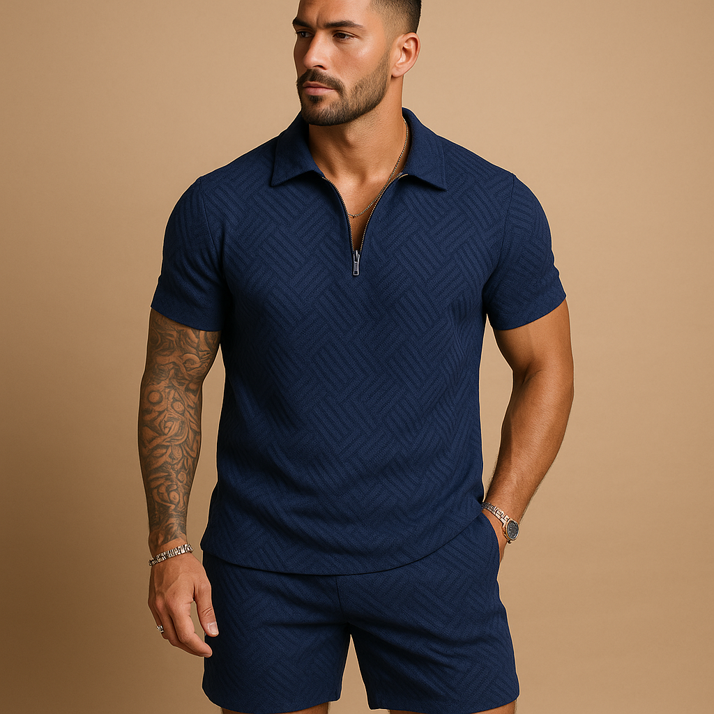 Men’s summer set with matching t-shirt and shorts, lightweight fabric with zipper detail, available in grey, black, and blue, perfect for hot days.