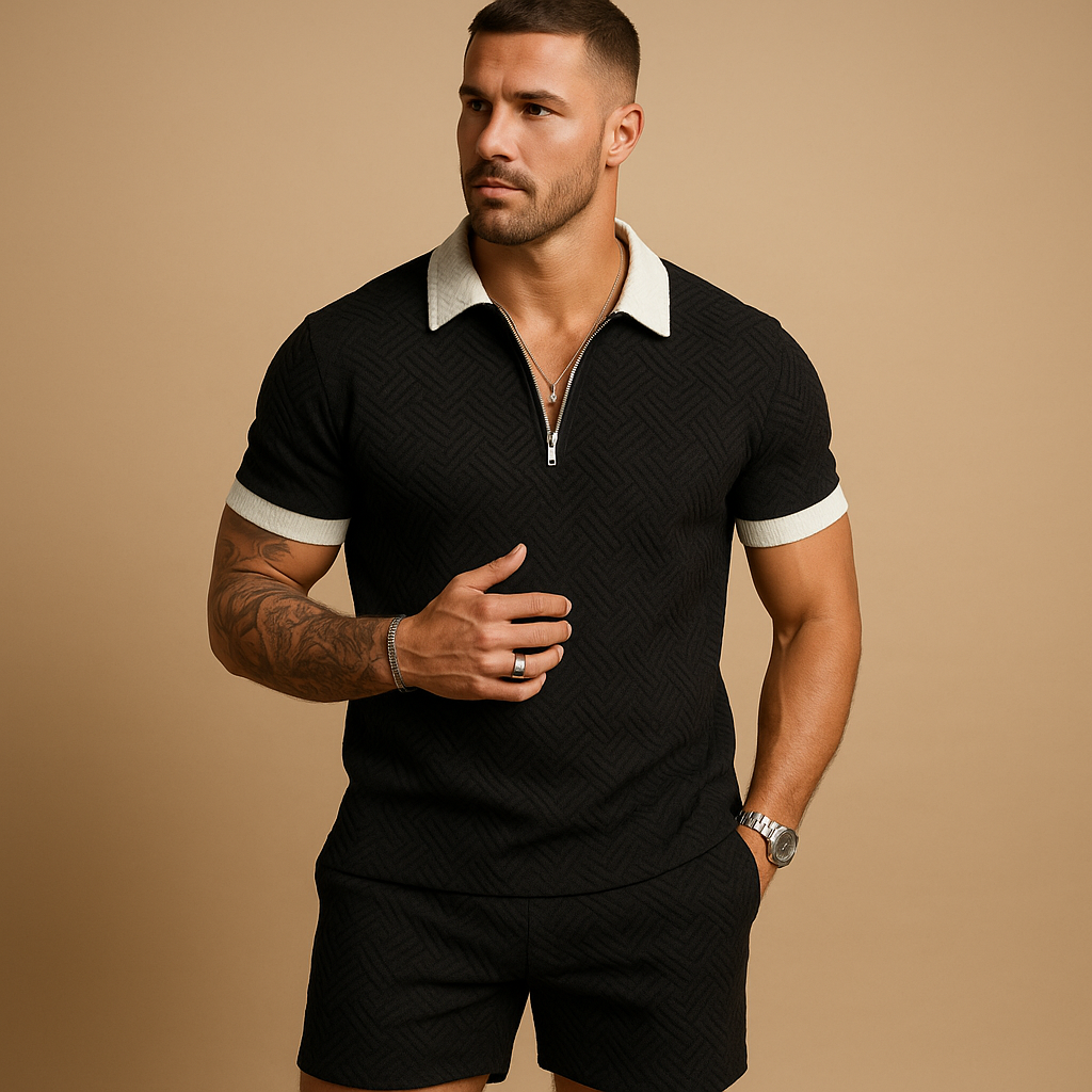 Men’s summer set with matching t-shirt and shorts, lightweight fabric with zipper detail, available in grey, black, and blue, perfect for hot days.