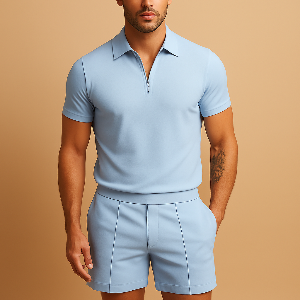 Men’s summer set with slim fit polo and matching shorts, available in navy blue, cream, olive green, and black. Perfect for vacations and casual outings.