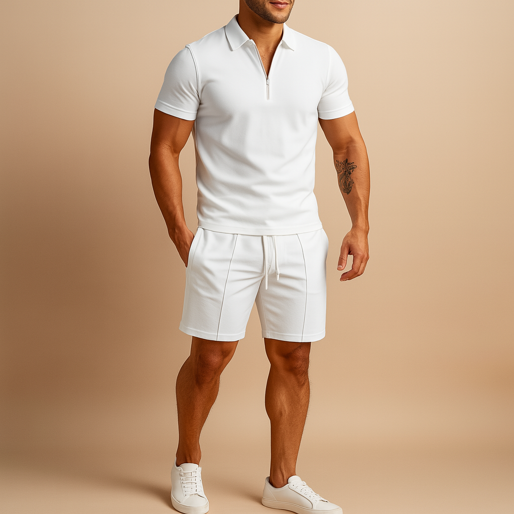Men’s summer set with slim fit polo and matching shorts, available in navy blue, cream, olive green, and black. Perfect for vacations and casual outings.