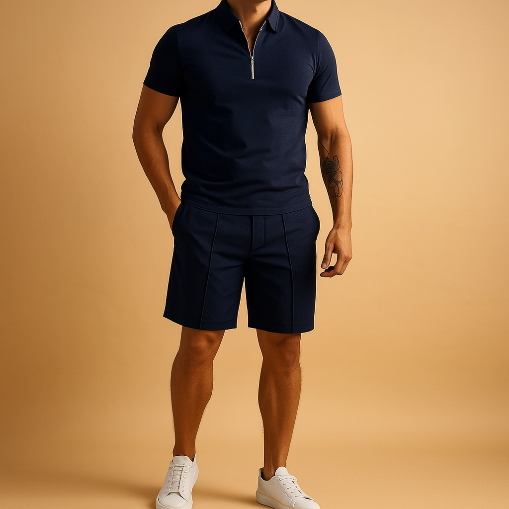 Men’s summer set with slim fit polo and matching shorts, available in navy blue, cream, olive green, and black. Perfect for vacations and casual outings.