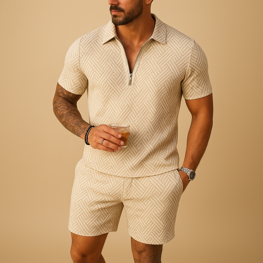 Men’s summer set with polo shirt and shorts, lightweight and breathable, available in multiple colors, perfect for beach, vacations, and casual summer outfits.