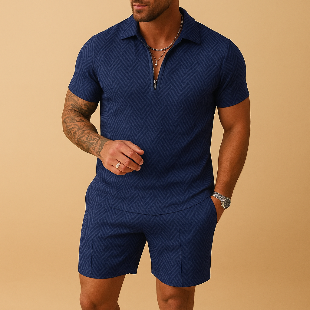 Men’s summer set with polo shirt and shorts, lightweight and breathable, available in multiple colors, perfect for beach, vacations, and casual summer outfits.