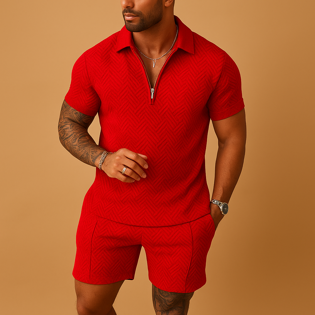 Men’s summer set with polo shirt and shorts, lightweight and breathable, available in multiple colors, perfect for beach, vacations, and casual summer outfits.