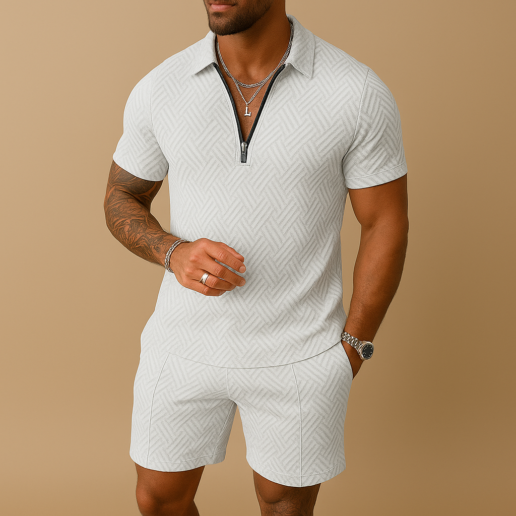 Men’s summer set with polo shirt and shorts, lightweight and breathable, available in multiple colors, perfect for beach, vacations, and casual summer outfits.