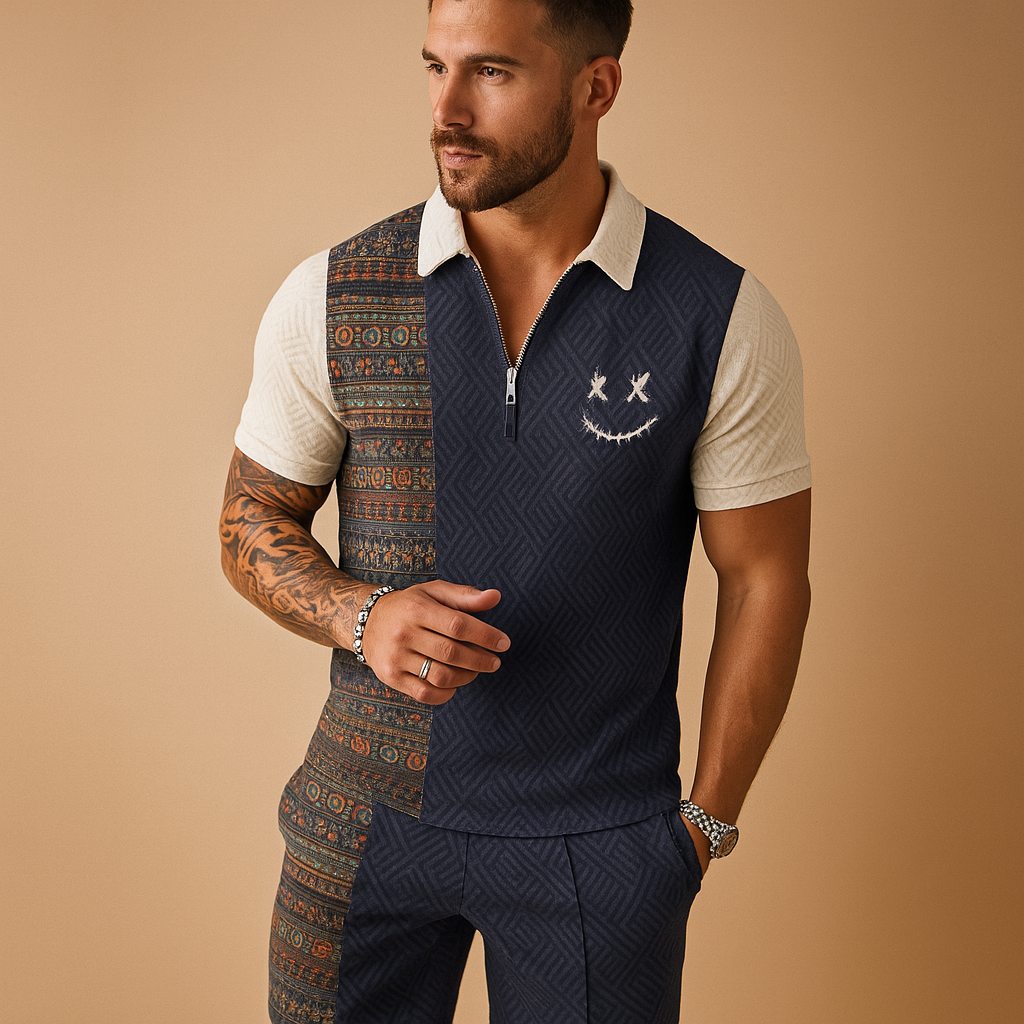 Men’s summer set with vintage-inspired polo shirt and matching shorts with pockets, breathable fabric, perfect for vacations, leisure, and warm days.