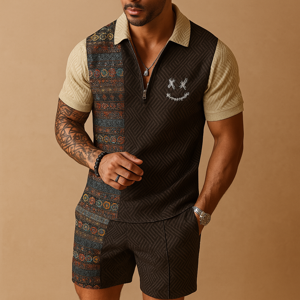 Men’s summer set with vintage-inspired polo shirt and matching shorts with pockets, breathable fabric, perfect for vacations, leisure, and warm days.