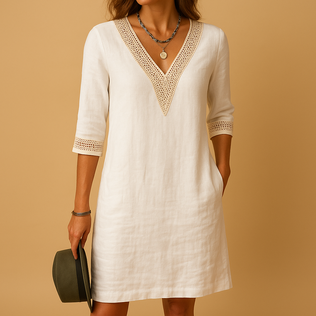 Summer V-neck lace dress for women with three-quarter sleeves and a relaxed fit, perfect for beach days and warm weather.
