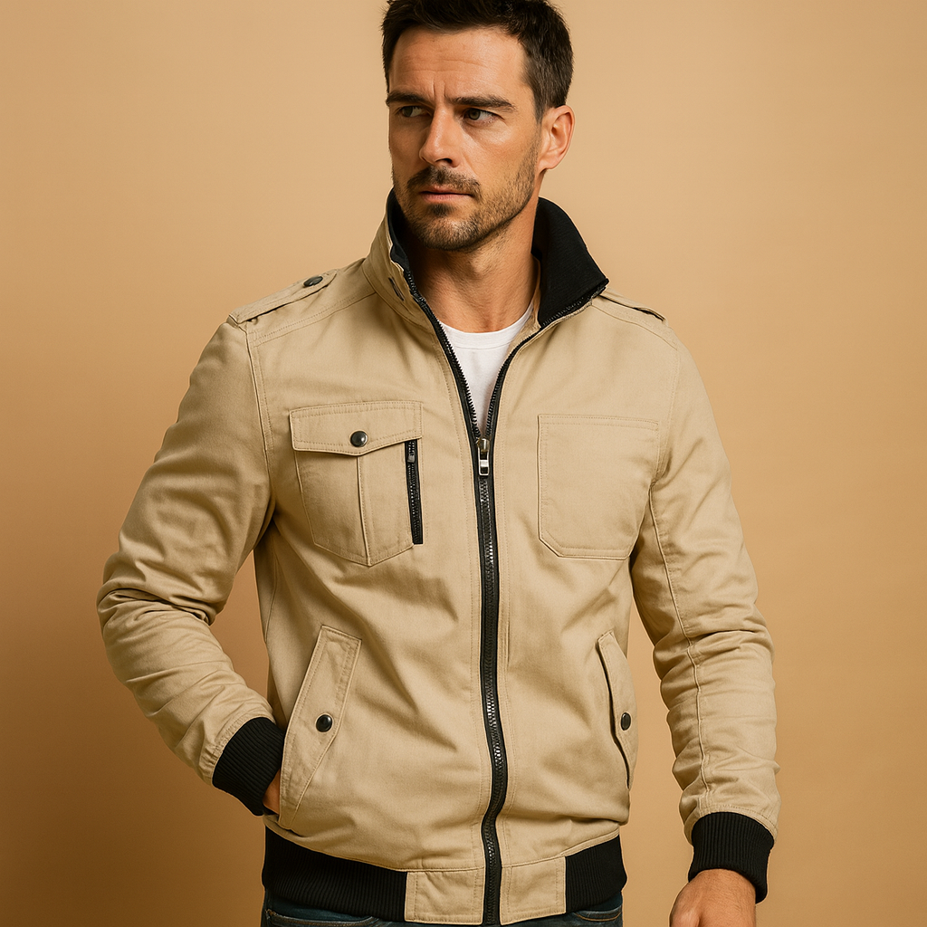 Men’s tactical bomber jacket with high collar, ribbed cuffs, and multiple zip and button pockets, ideal for outdoor activities and daily wear.