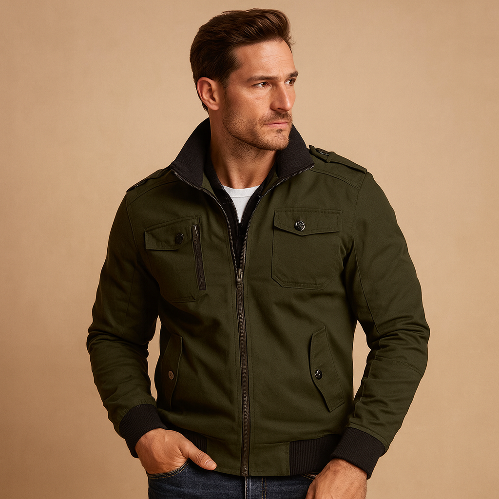 Men’s tactical bomber jacket with high collar, ribbed cuffs, and multiple zip and button pockets, ideal for outdoor activities and daily wear.