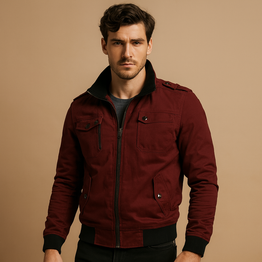Men’s tactical bomber jacket with high collar, ribbed cuffs, and multiple zip and button pockets, ideal for outdoor activities and daily wear.