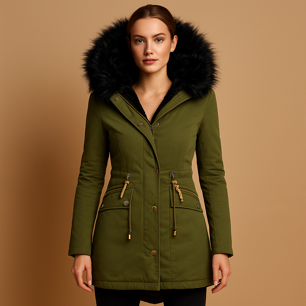 Thermal winter coat for women with faux fur hood, adjustable cord, insulated fabric, and practical pockets. Stylish and protective for cold days.