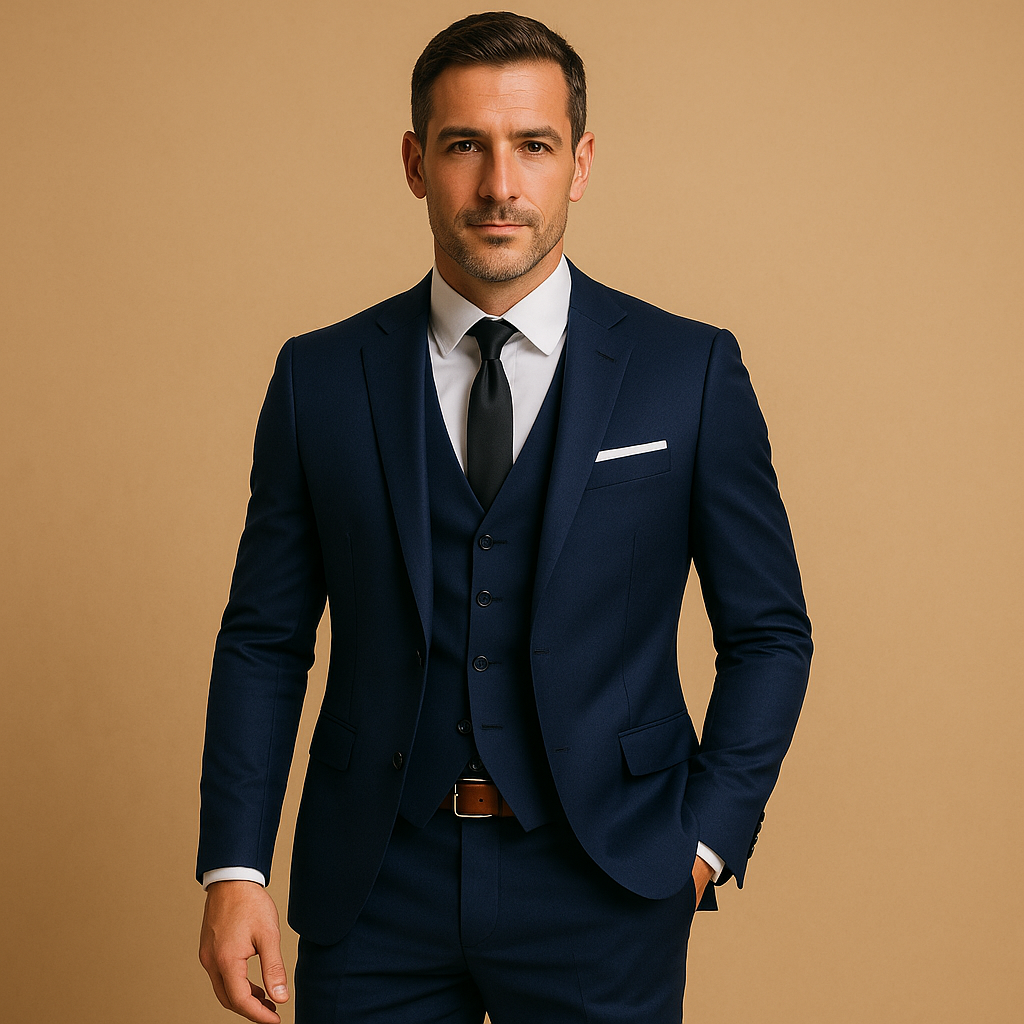 Men’s three piece slim fit suit with blazer, waistcoat, and trousers, designed for elegance and comfort, ideal for weddings, business, and formal events.