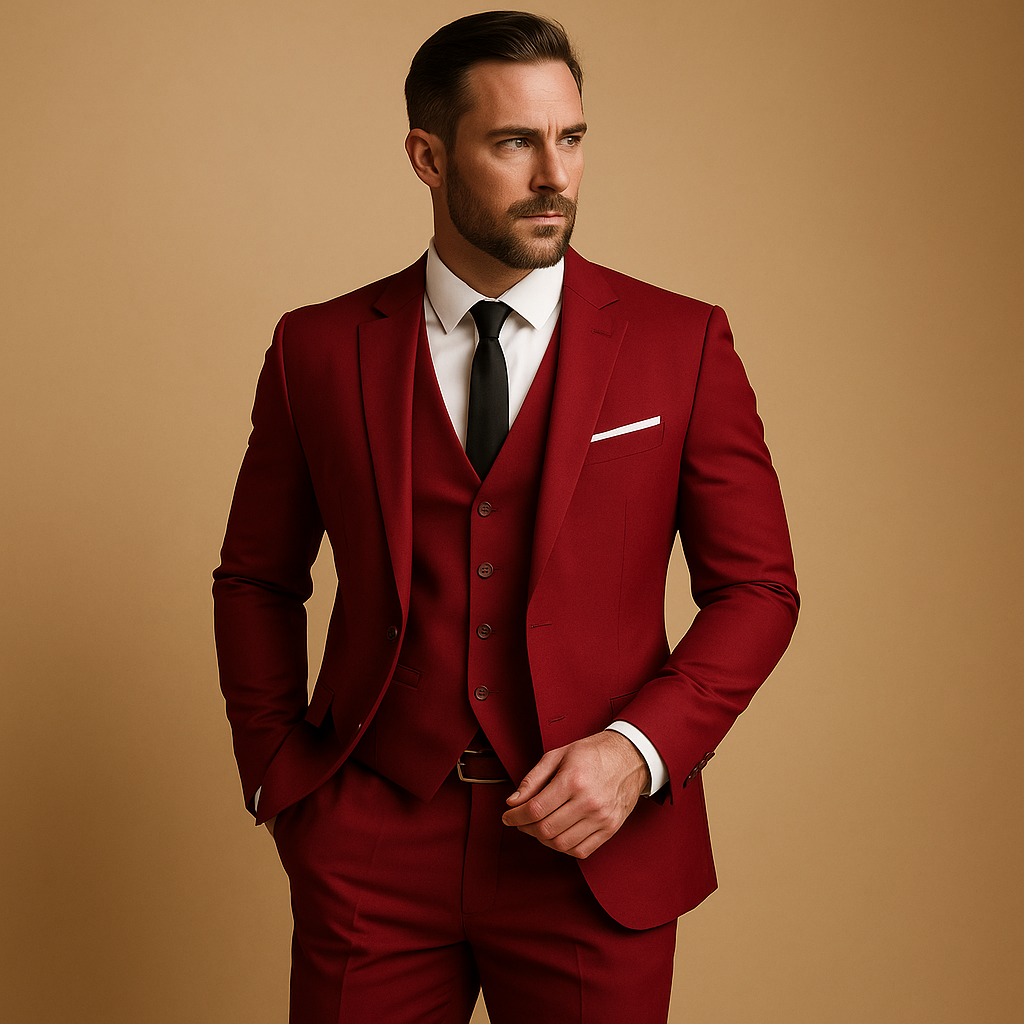 Men’s three piece slim fit suit with blazer, waistcoat, and trousers, designed for elegance and comfort, ideal for weddings, business, and formal events.