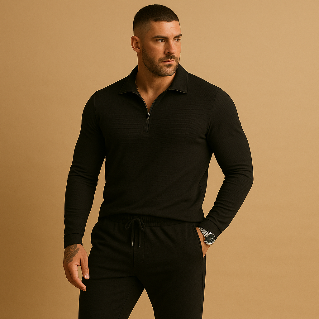 Men’s tracksuit with zipper polo top and tapered joggers in slim fit design, available in dark grey, navy blue, and black. Perfect for casual wear or streetwear.