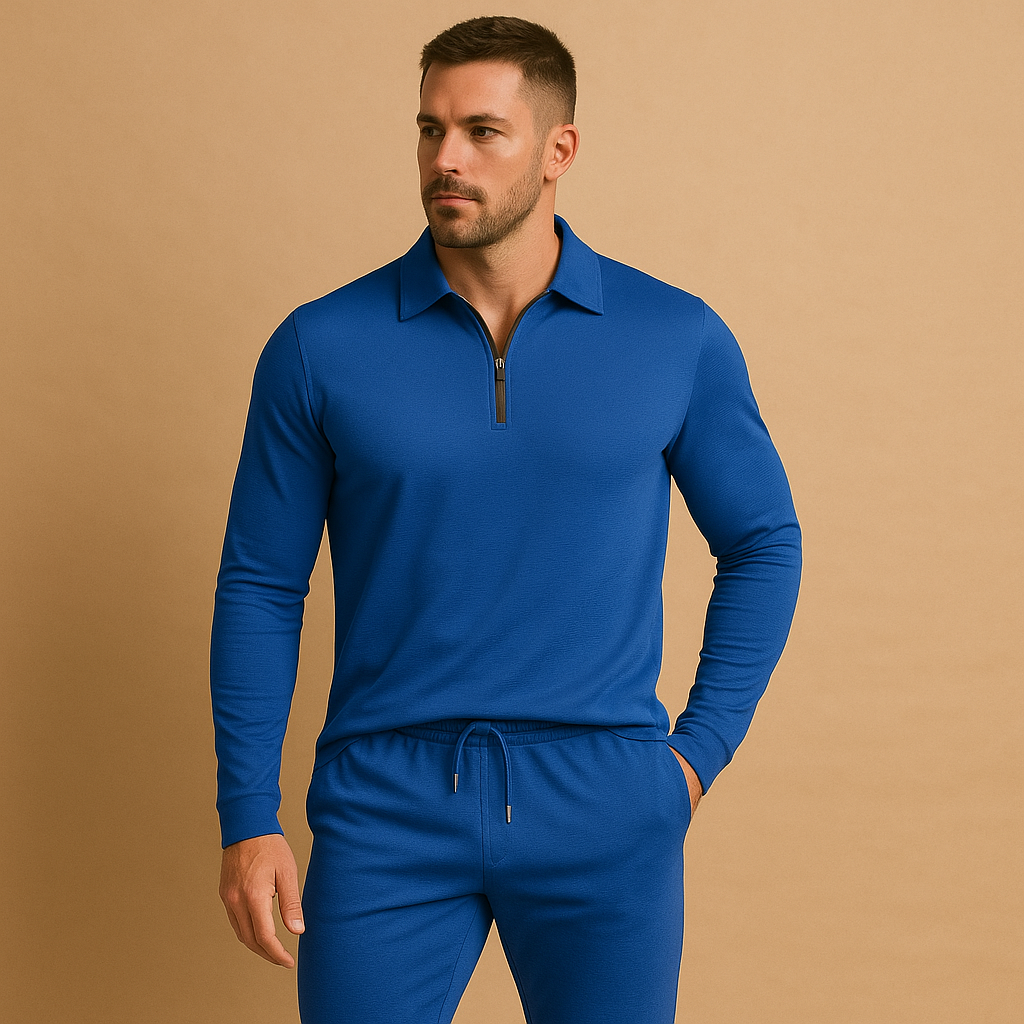 Men’s tracksuit with zipper polo top and tapered joggers in slim fit design, available in dark grey, navy blue, and black. Perfect for casual wear or streetwear.