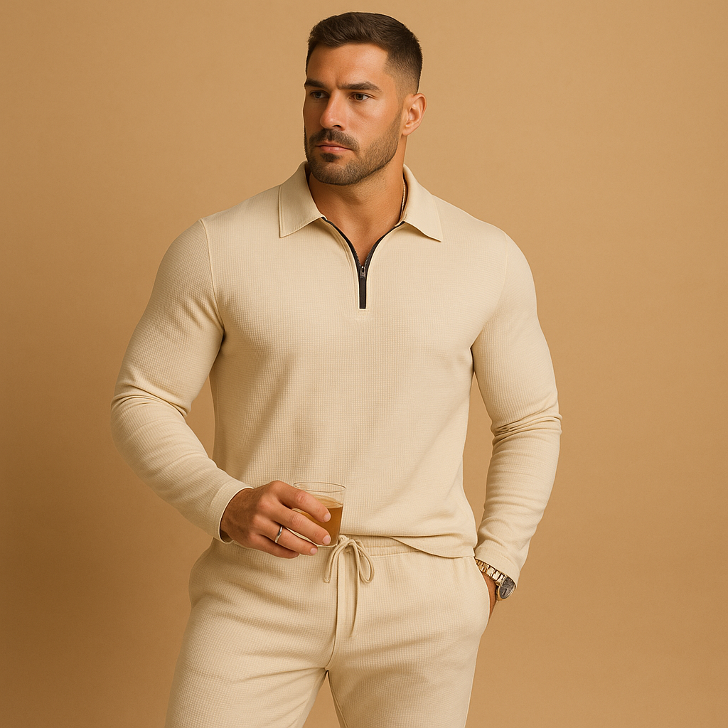Men’s tracksuit with zipper polo top and tapered joggers in slim fit design, available in dark grey, navy blue, and black. Perfect for casual wear or streetwear.