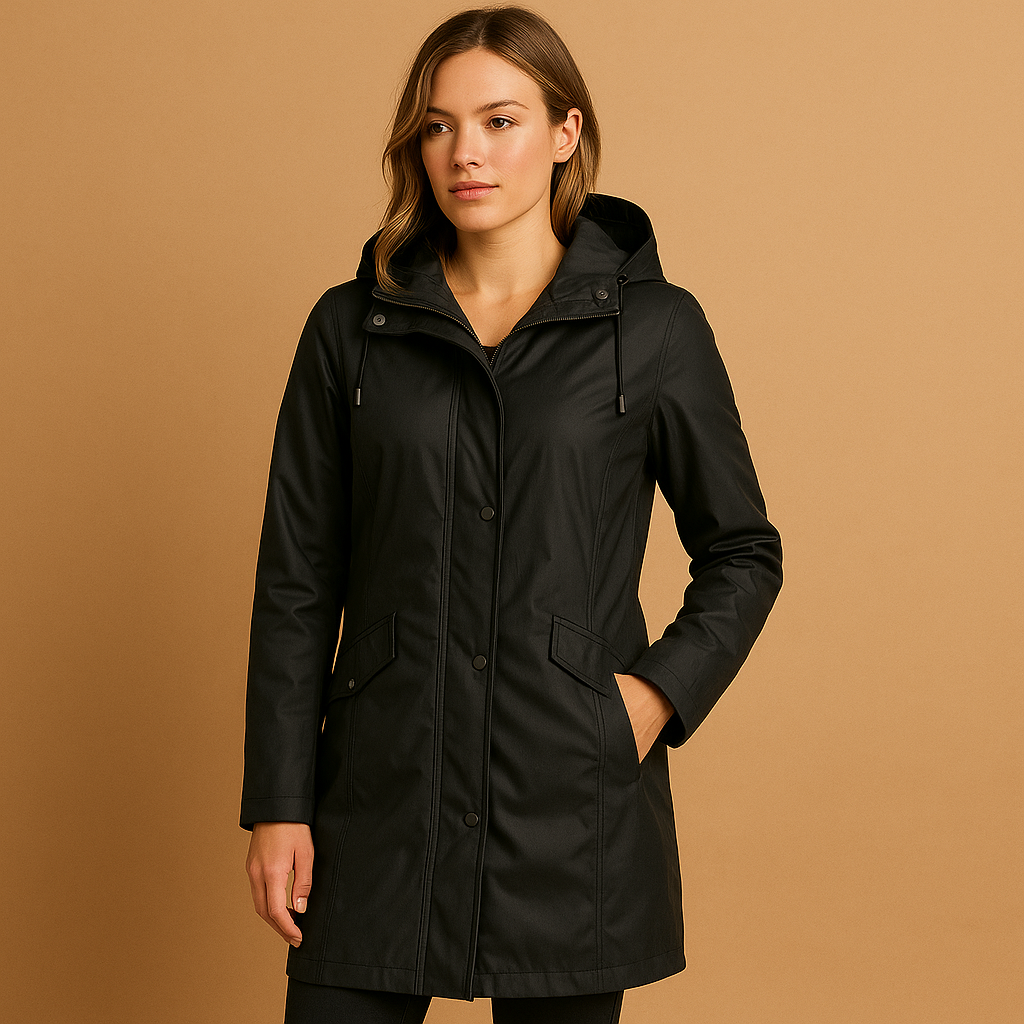 Transparent raincoat for women with adjustable hood and elegant fit, offering breathable comfort and stylish rain protection for any season.