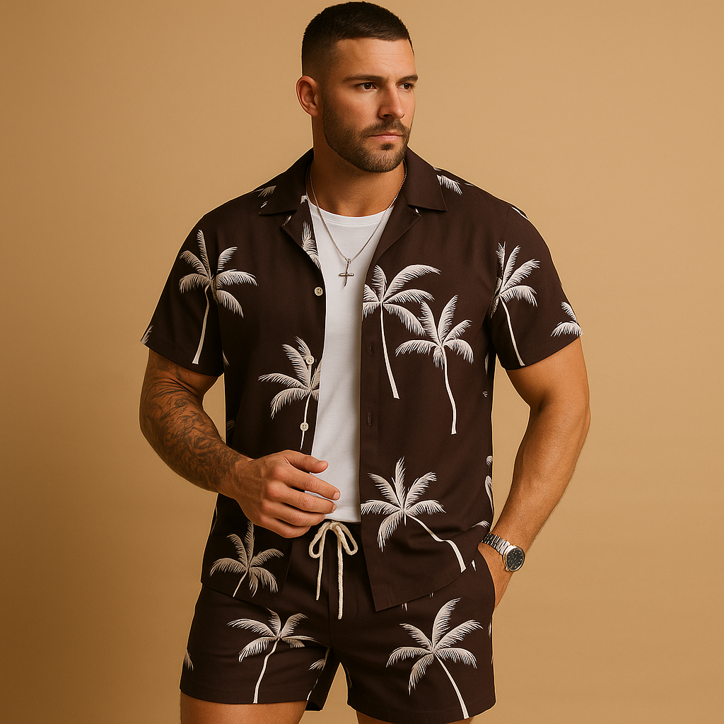 Lightweight men’s summer set with tropical palm tree and feather print, loose fit for holidays, beach days, and city strolls.