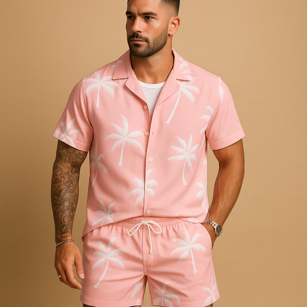 Lightweight men’s summer set with tropical palm tree and feather print, loose fit for holidays, beach days, and city strolls.